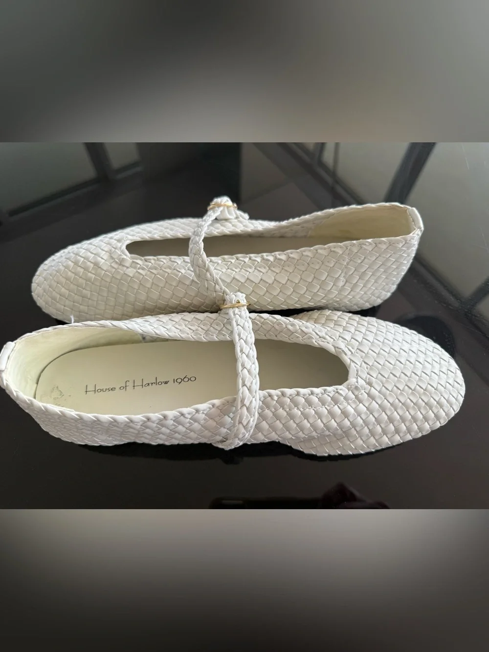 House of Harlow 8M Woven White Mary Jane Flats with Gold Buckle